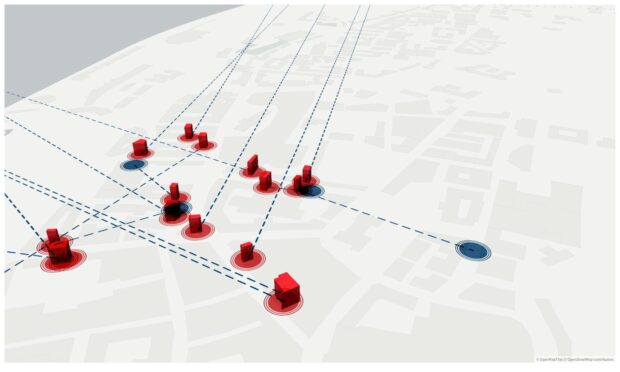 Map of Dundee's top eighteen vacant high street units with lines linking them to owners.