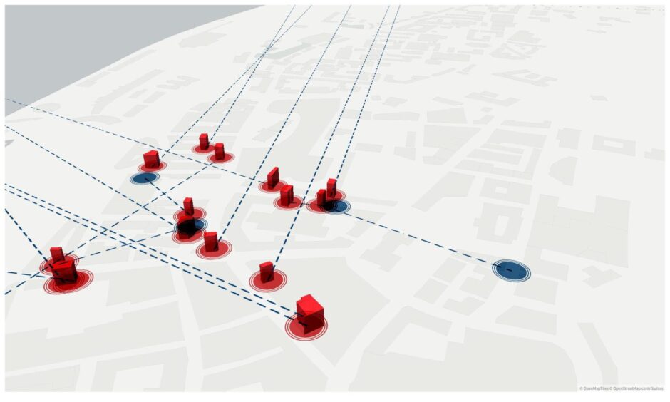 Map of Dundee's top eighteen vacant high street units with lines linking them to owners.