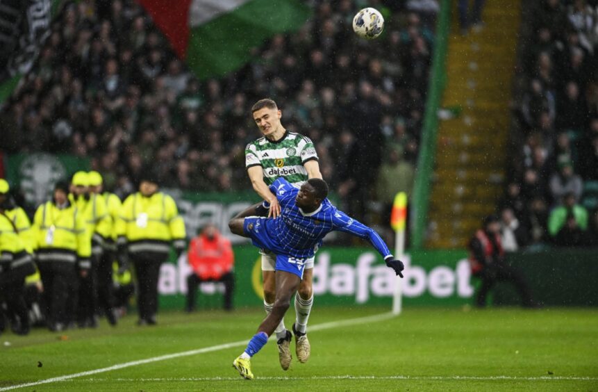 Adama Sidibeh, trying to win a header at Celtic Park, had a thankless task against Celtic.