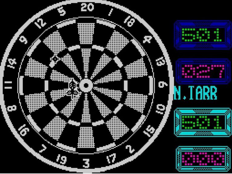 A graphic from the game showing a dartboard with the scores alongside it
