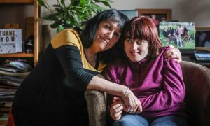 Becky, 39, with her mum Caroline Petrie at home.