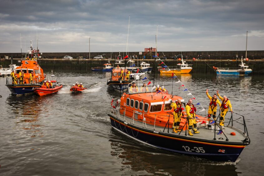Arbroath lifeboat Inchcape leaves the harbour for the last time.