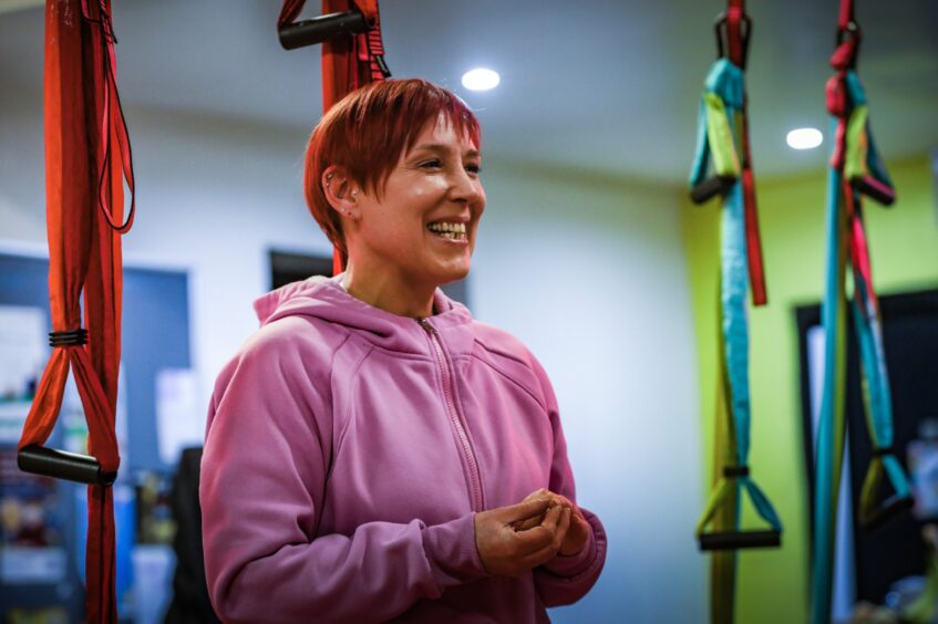 Jill Gilmore teaches Trapeze Yoga in Cupar.