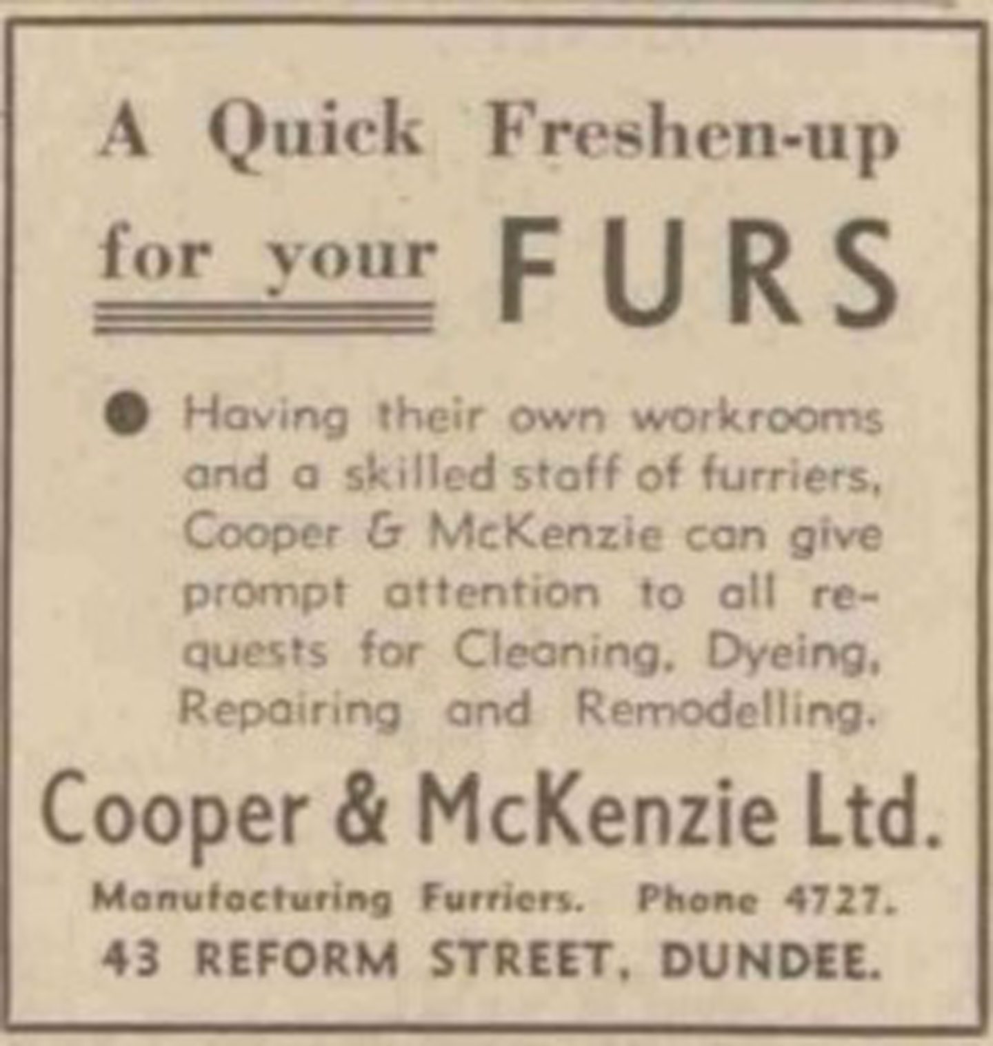 A 1952 advert for Cooper and McKenzie.