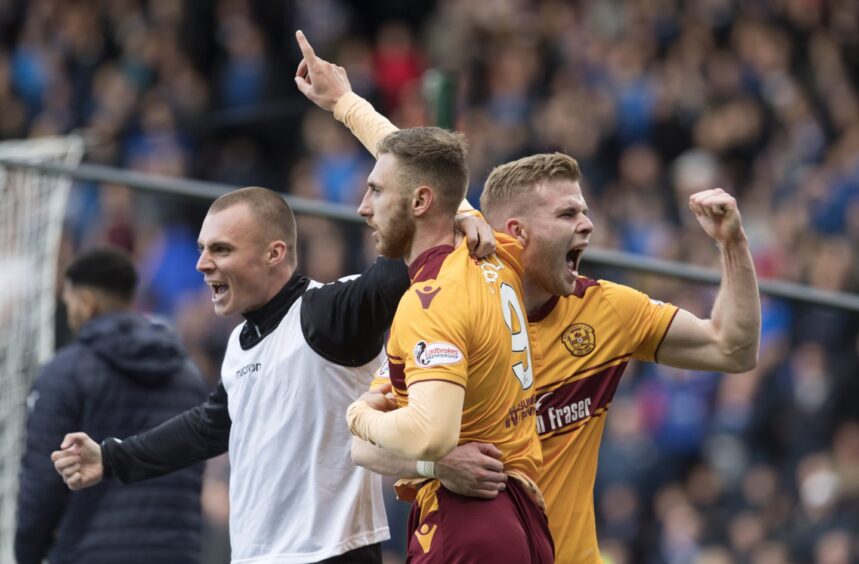 Louis Moult celebrates finding the net for Motherwell against Rangers