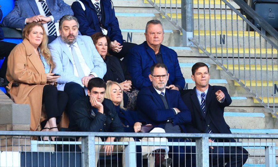 Dundee chairman Tim Keyes (right) watches on alongside managing director John Nelms as the Dee defeat St Johnstone. Image: Shutterstock/David Young