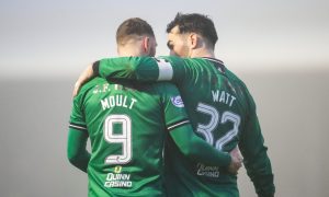 Dundee United's Louis Moult, left, and Tony Watt at Arbroath