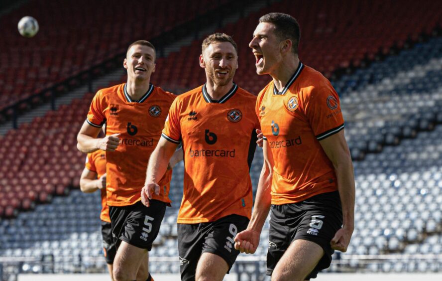 Sam McClelland, left, Louis Moult, centre, and Ross Graham celebrate a Dundee United goal
