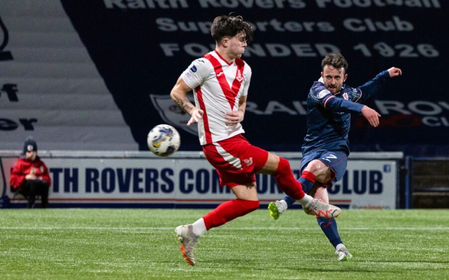 Aidan Connolly curls in a left-footed shot for Raith Rovers.