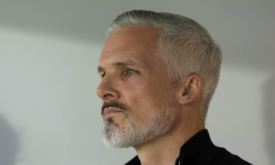 A fully-focused Dundee United boss Jim Goodwin at Cappielow.