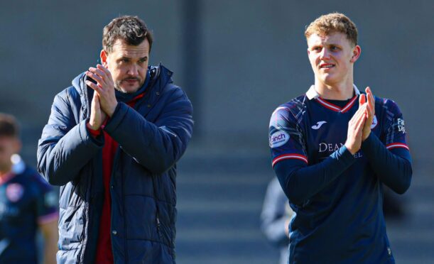 Ian Murray and Jack Hamilton applaud the Raith support as they look ahead to the Premiership play-offs. Image: SNS.