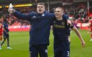 Owen Dodgson celebrates with fellow Dundee loanee Owen Beck at Pittodrie. Image: SNS.