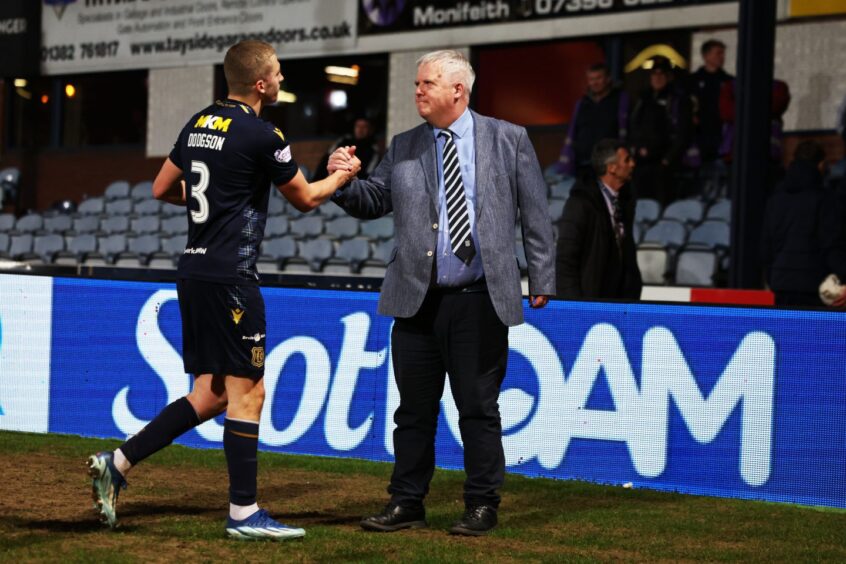 DUNDEE, SCOTLAND - APRIL 17: Dundee secretary Eric Drysdale and Owen Dodgson at Full Time during a cinch Premiership match between Dundee and Rangers at the Scot Foam Stadium at Dens Park, on April 17, 2024, in Dundee, Scotland. (Photo by Ross MacDonald / SNS Group)