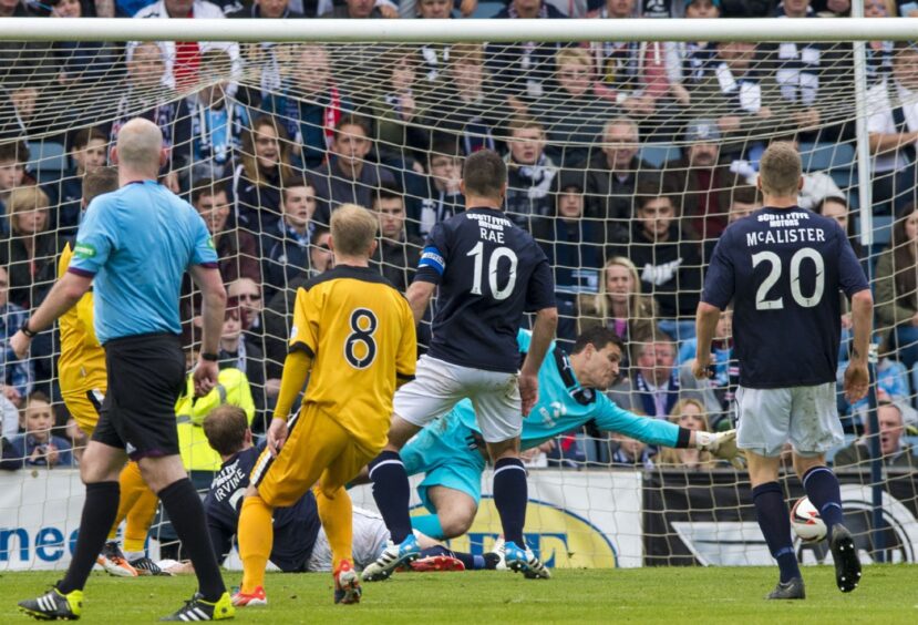 Dundee keeper Kyle Letheren makes a save in a crowded box