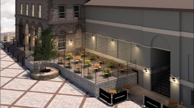 Design images of the Corn Exchange outdoor seating areas. Image: Harrison Ince Architects