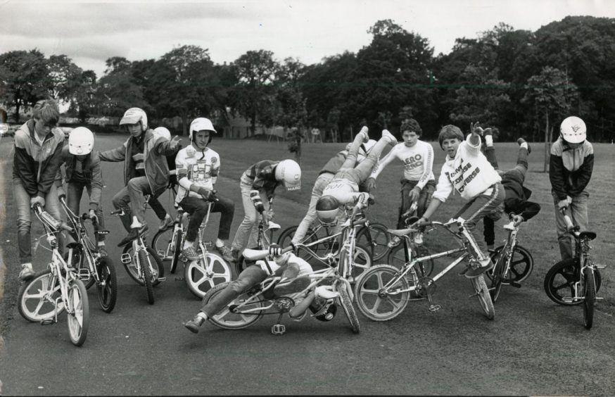 Youngsters on their bikes as the Dundee Round Table BMX Championships are held at Caird Park in 1985. 
