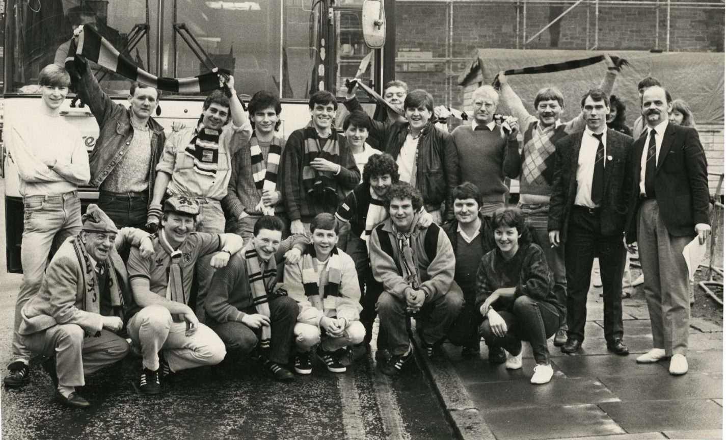 Dundee United fans pictured before boarding their Barcelona-bound bus in 1987. 