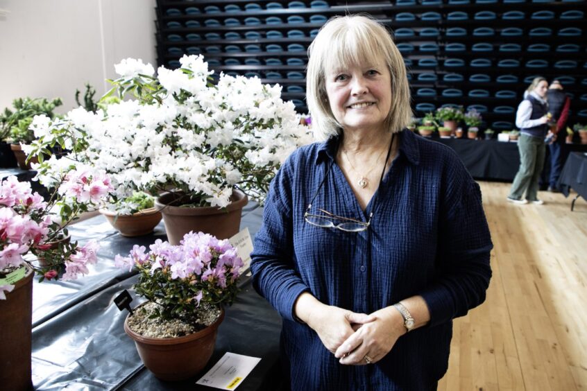 ALison Hogg smiling next to pots of alpine flowers