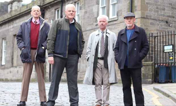 Dundee actor (second left) plays a retired miner in The Collie's Shed. Image: Shelley Middler