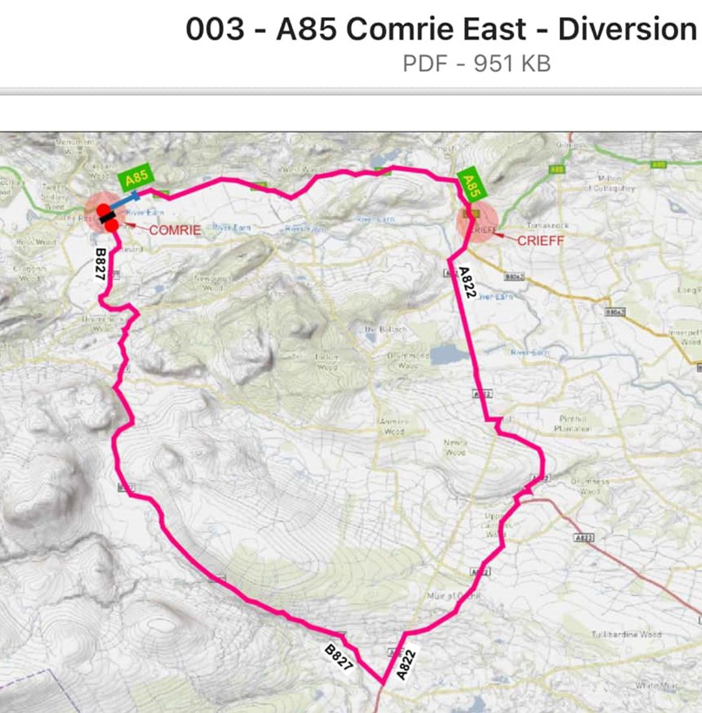 The 26-mile diversion route for Comrie via Crieff.