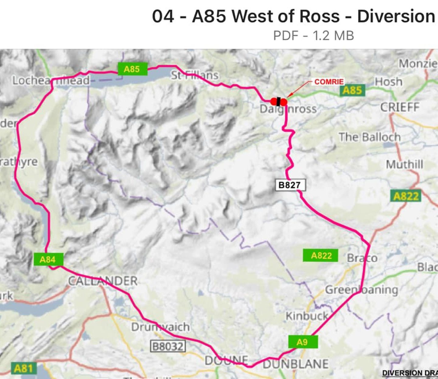 The 55-mile diversion route during work west of Ross Bridge, Comrie.