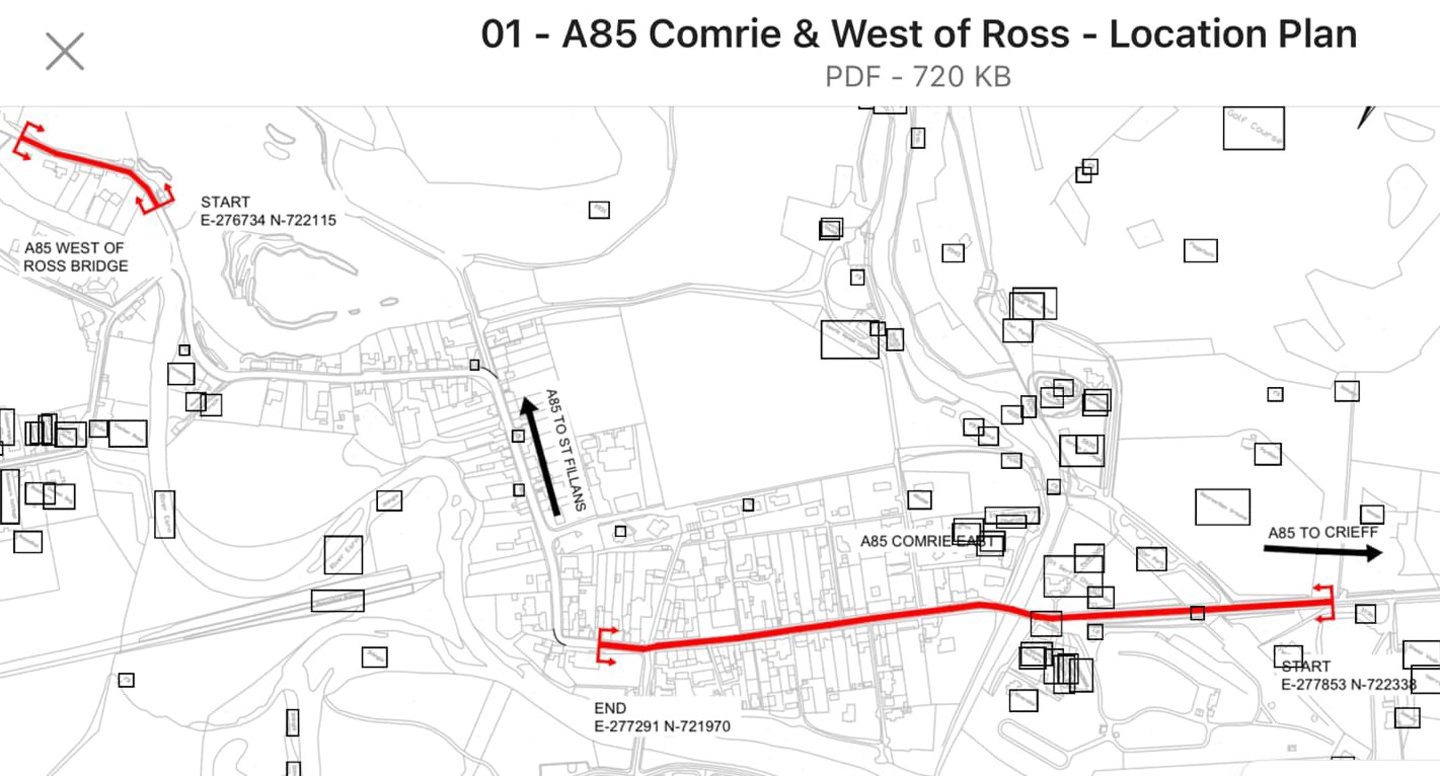 The locations of the roadworks on the A85 in Comrie.