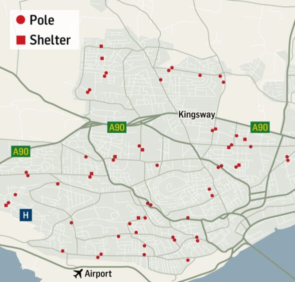 A map put together by The Courier showing the amount of bus stops with either a pole or a shelter.