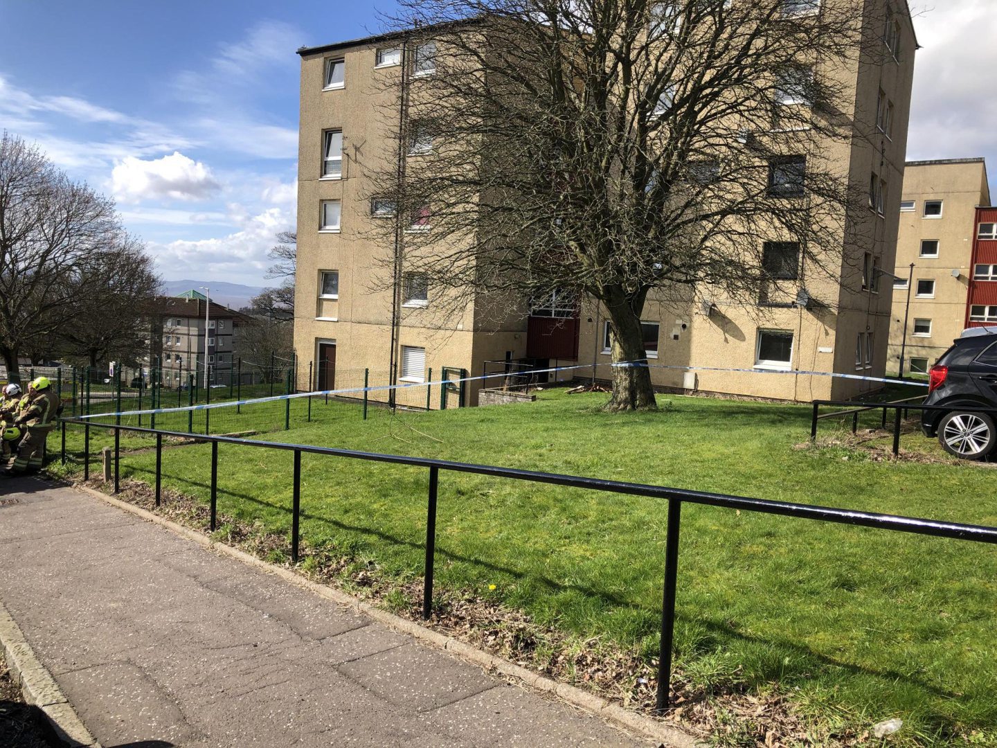 Flats on junction of Earn Crescent and Lochay Place in Menzieshill, Dundee taped off