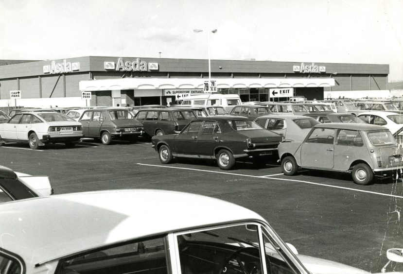 Rows of cars parked outside Asda in Kirkton in Dundee in 1977