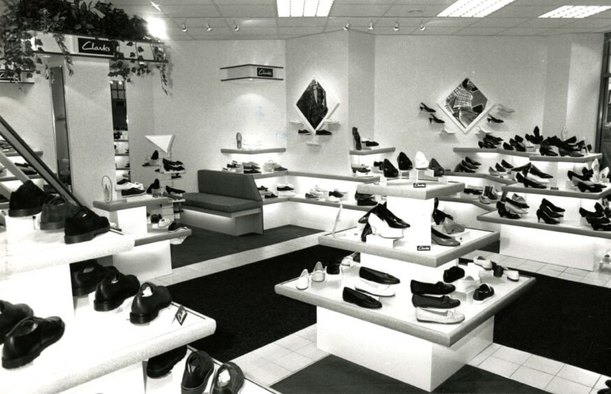 Footwear on display in Clarks shoe shop after opening in Dundee in 1989.