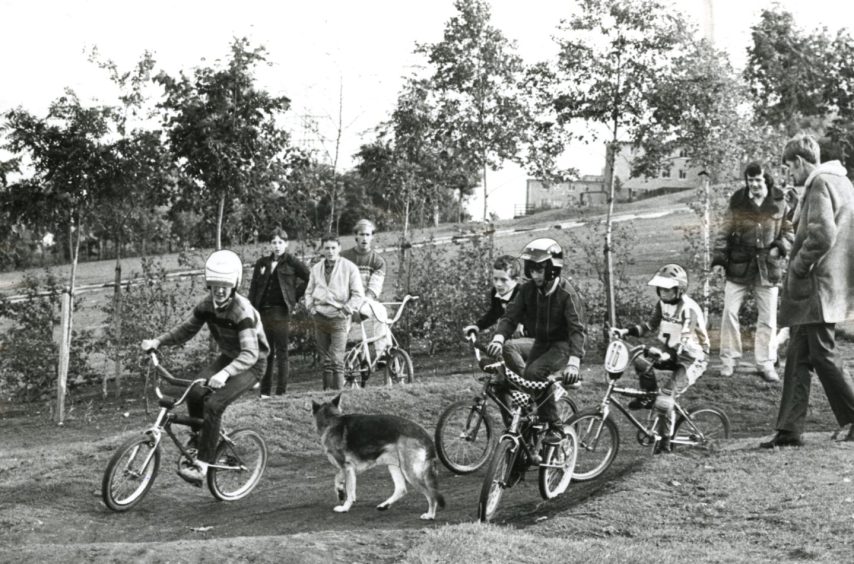 Young BMX riders in South Road get past the obstacles (some dogs) in November 1984. 