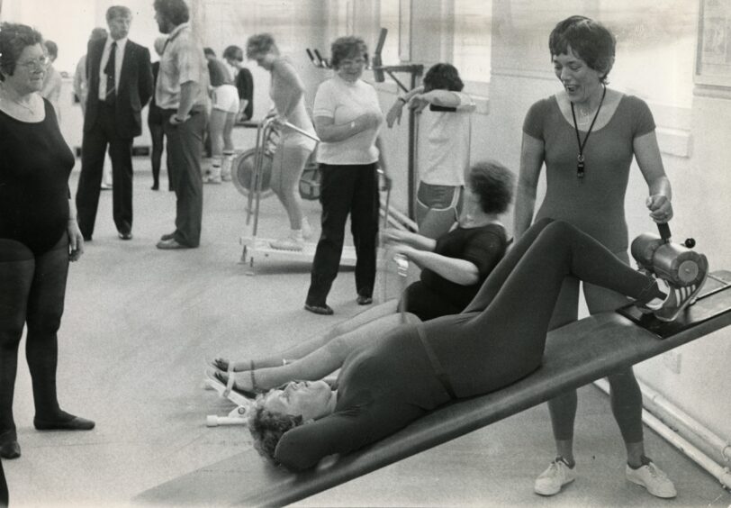 Some fitness fun at the weight training facility at Lochee Leisure Centre in Dundee in 1983. 