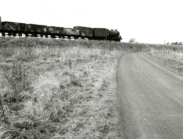 A freight train runs along an embankment on the horizon