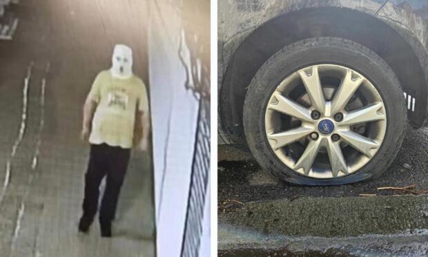 The masked tyre slasher and one of the damaged cars. Images: Supplied