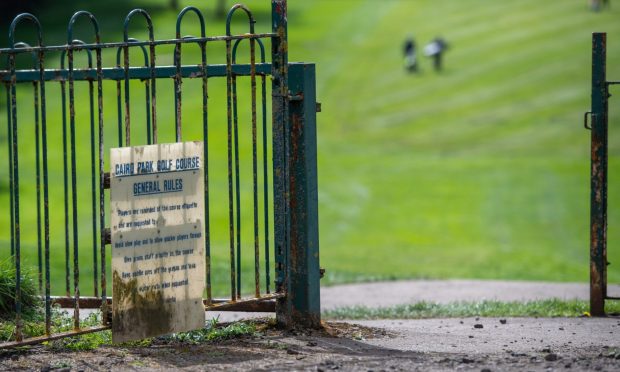 CR0047843, Stephen Eighteen, Dundee. Mark Campbell, a member of Logie Golf Club, has contacted us to tell us about the problem with youths on electric bikes destroying Caird Park Golf Course. He has sent me some pictures of the wrecked terrain. Please get pictures of Mark next to ruined parts of the course, as well as the ruined bits on their own. Also, please get some stock pictures of the clubhouse, golf course and entrance to the course. Picture Shows; stock image of Caird Park Golf Course - showing sign with course general rules, Caird Park, Dundee, 16th April 2024. Image: Kim Cessford / DC Thomson