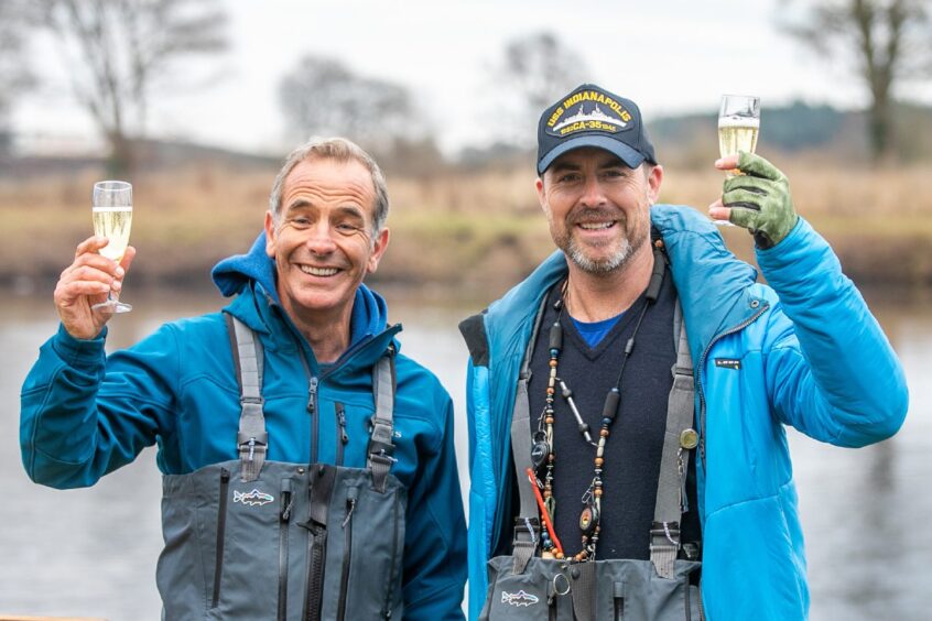 Robson Green and Jim Murray officially opened salmon fishing season on the Tay at Meikleour in January 2022. Image: Kim Cessford.