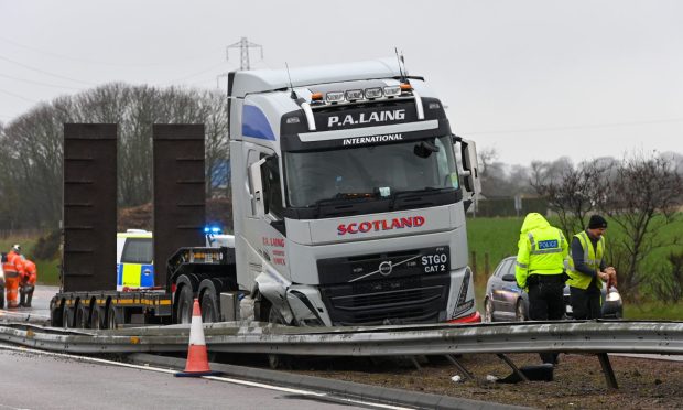 The lorry crashed into the central reservation area