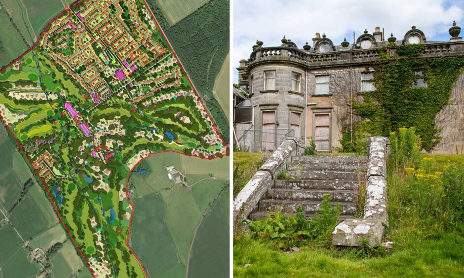 An aerial image showing Letham Grange redevelopment plans and a shot of the exterior of the rundown Angus site