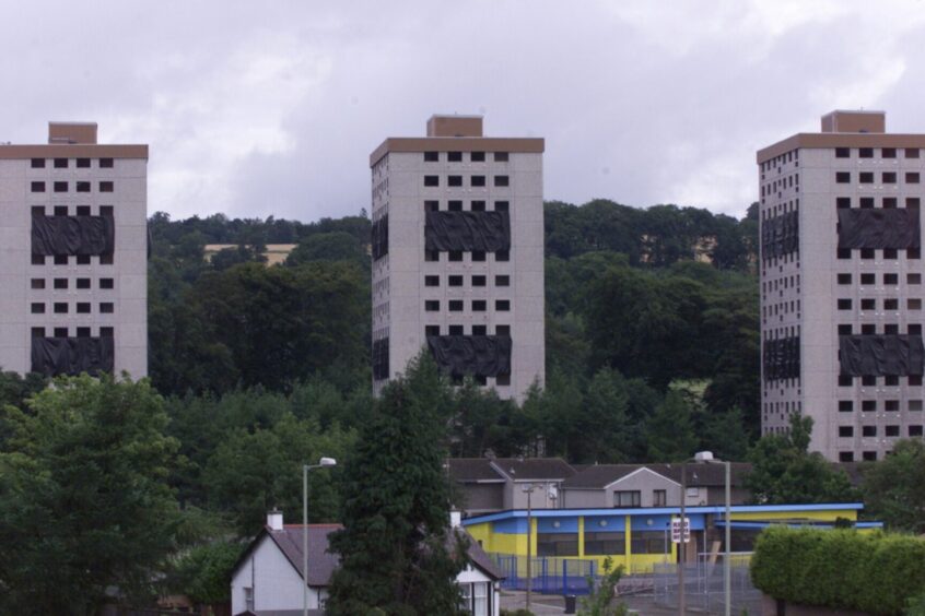 The multi-storey flats at Trottick just before they fell in 2001. 