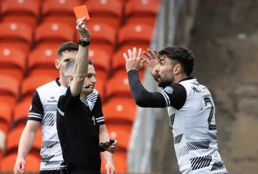 Ayr United's Nick McAllister looks on in disbelief after being dismissed against Dundee United 