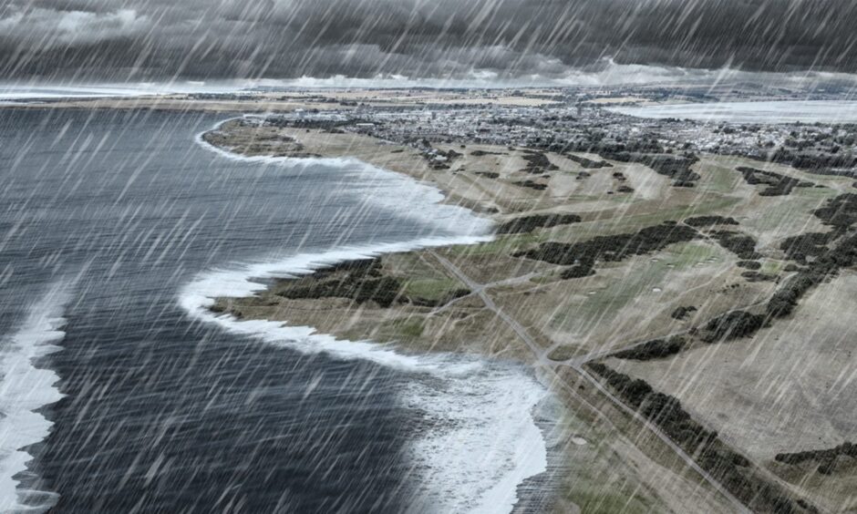 An aerial view of the coast at Montrose showing potential flooding and erosion.