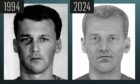 Left: Julian Chisholm’s mugshot in 1992. Right: Forensic artist age progression image of Chisholm. Supplied by Hew Morrison/DCT Graphics.