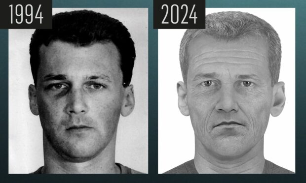 Left: Julian Chisholm’s mugshot in 1992. Right: Forensic artist age progression image of Chisholm. Supplied by Hew Morrison/DCT Graphics.