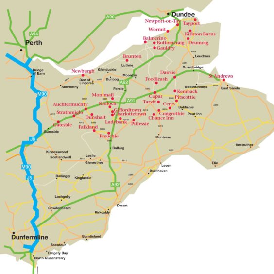 Towns marked in red are taking part in the North Fife Open Studios 2024 event.