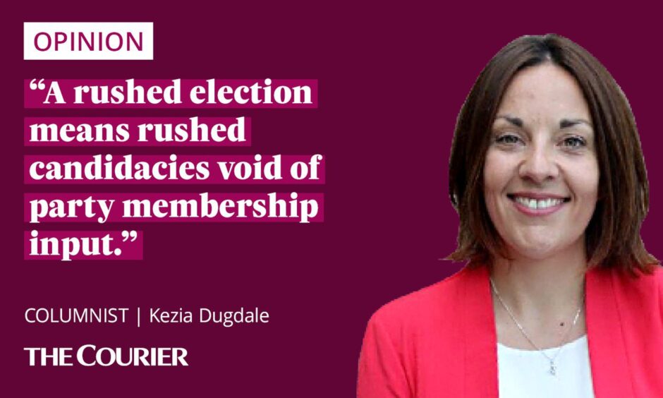 Quote card for Kezia Dugdale column which reads "A rushed election means rushed candidacies void of party membership input."
