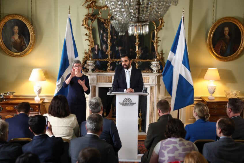 First Minister Humza Yousaf speaks during a press conference at Bute House after the First Minister terminated the Bute House agreement with immediate effect.