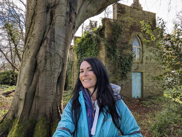 Gayle outside the gothic wash house at Pitmuies.