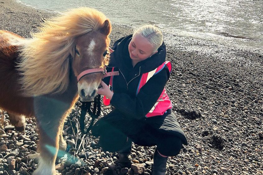 Sunshine the pony with volunteer Drew at Wormit Bay, Image: North Fife Therapy Ponies.