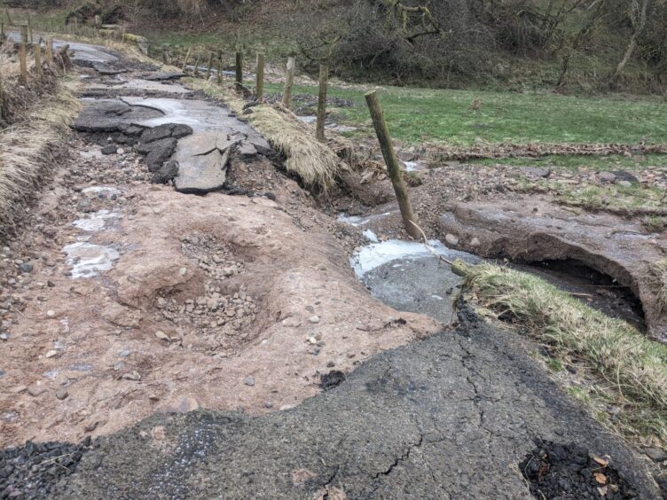 This road in the Kinnettles area was washed away by the Kerbet Burn flooding during Storm Babet. It remains closed - and in a terrible state - more than six months on. Image: Gayle Ritchie.