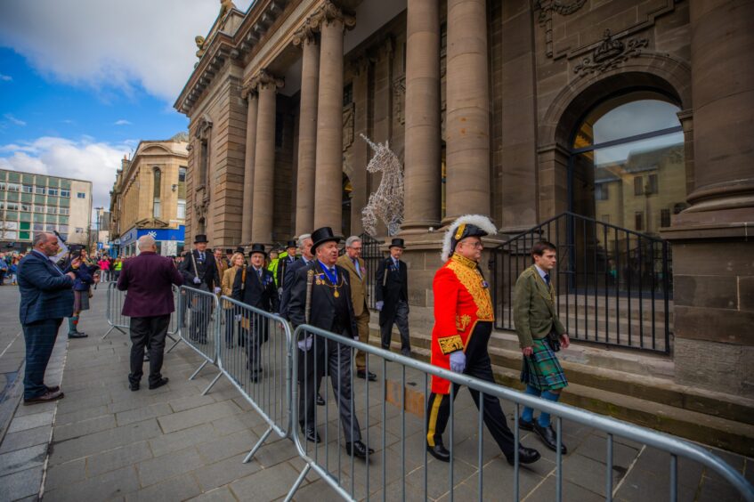 Provost and members of the High Constables of Perth in procession outside Perth Museum on opening day